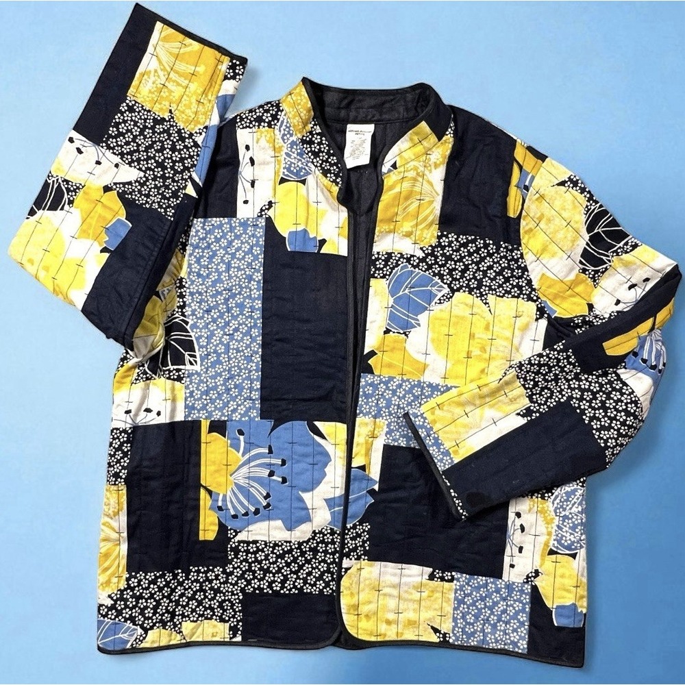 Quilted Open Lightweight Jacket Patchwork Mandarin Collar Petite 14P Yellow Blue